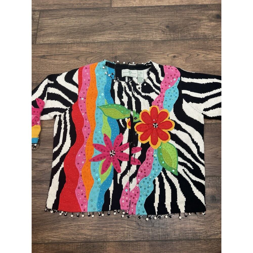 Cardigan Sweater Tropical Floral Bright Zebra Fun Embellished  Sz L
